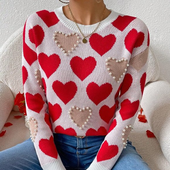 . Sweaters - Red Casual Womens Heart Embroidery Beaded Pullover Sweater